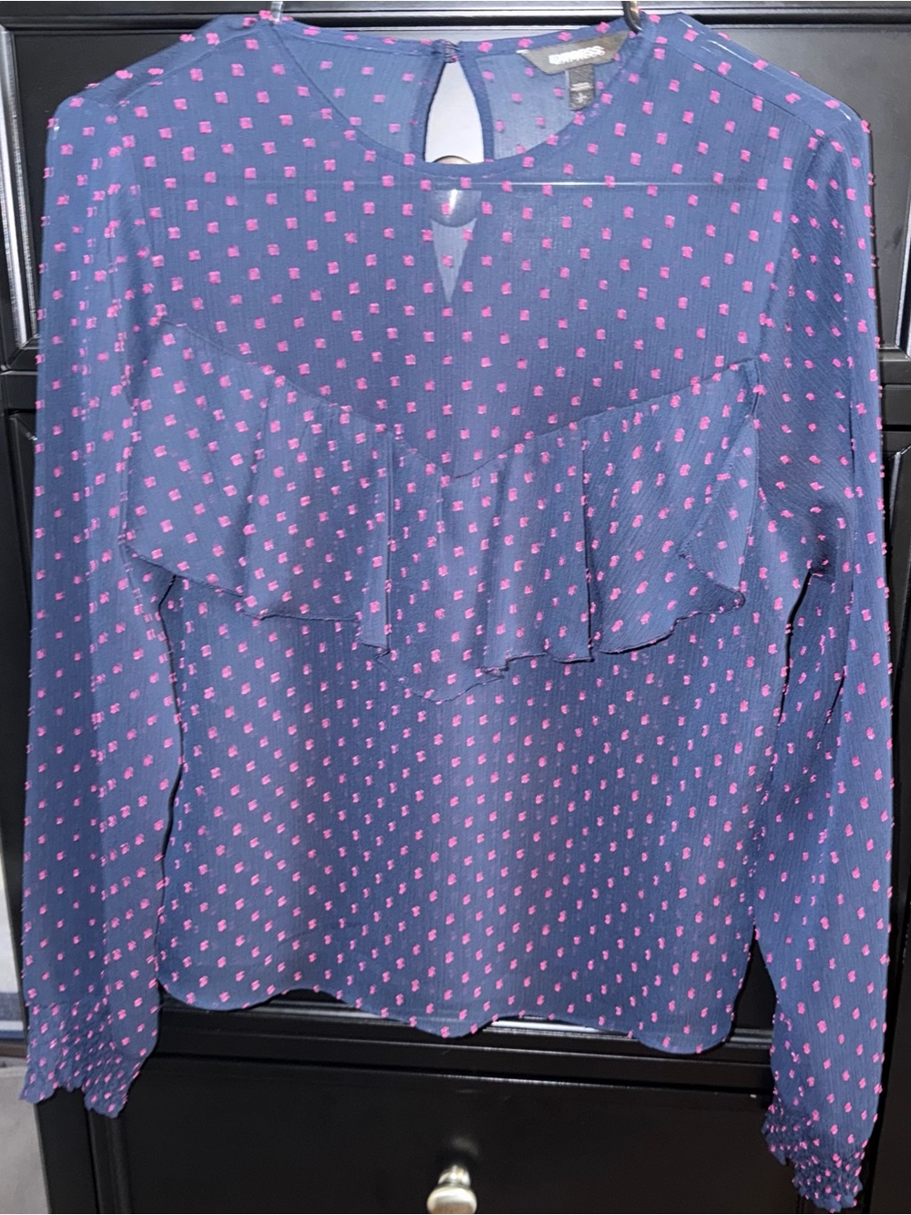 Express Navy Blouse with Pink Dot Ruffle